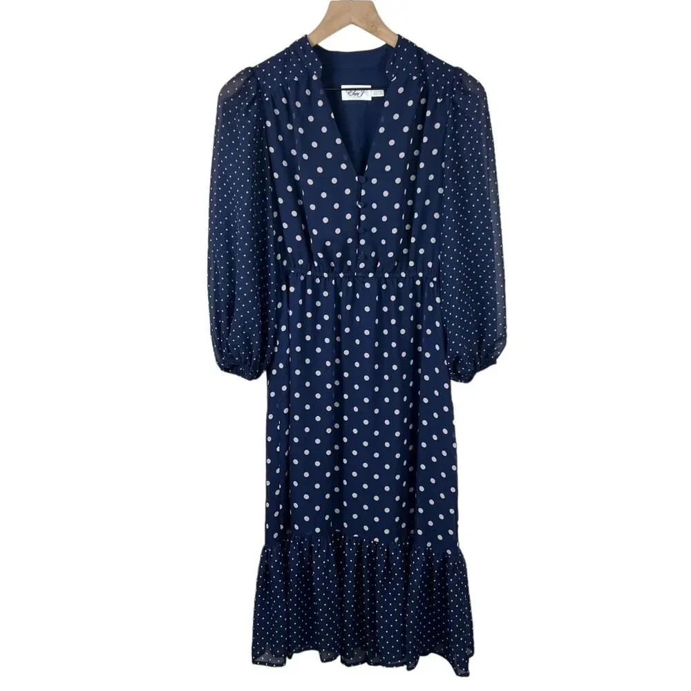 Eliza J Blue Pink Polka Dot Chiffon 3/4 Puff Sleeve V Neck Ruffle Bottom Dress 4